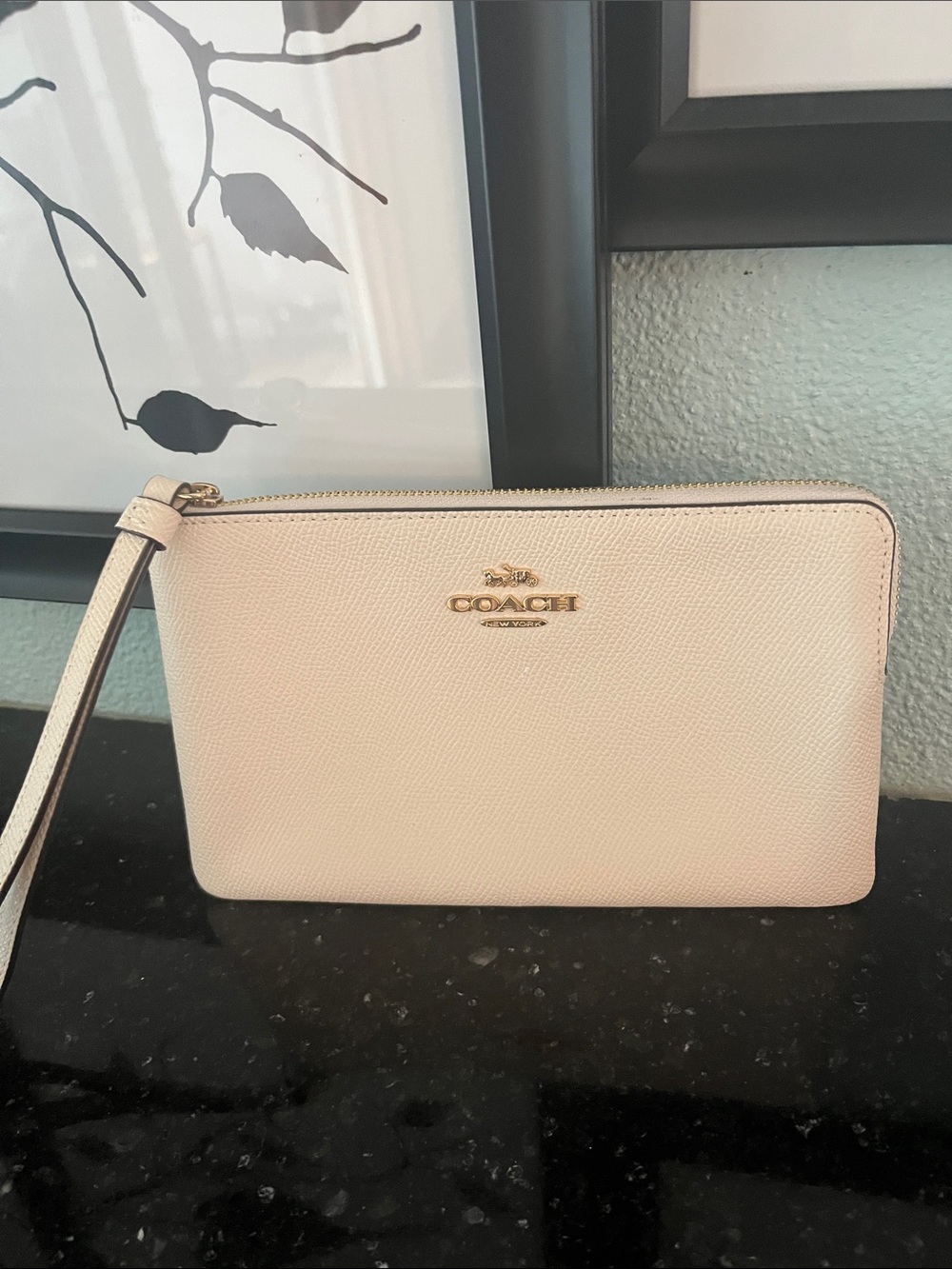 Coach Pale Pink Pebble Leather Zip Wristlet with Gold Logo
